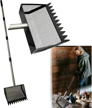 10 Inch 2 in 1 Chicken Poop Scooper & Rake Chicken coop Scoop with Ergonomic Grip Adjustable Long Handle (22 to 62") Sifting Shovel Stainless Steel Metal coop Scoop