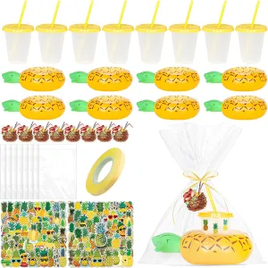 10 Set Pineapple Inflatable Drink Holder Include 10 Pineapple Inflatable Pool Float 10 Yellow Plastic Tumblers 100 Pineapple Stickers 10 Labels for Summer Water Bath Beach Swimming Pool Party Favor