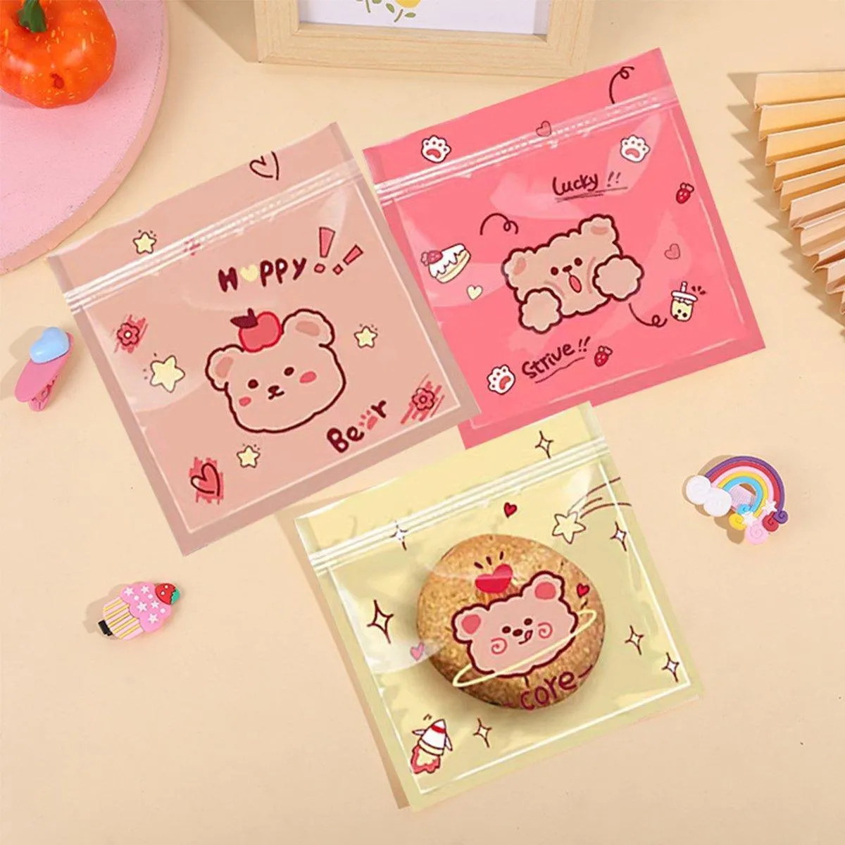 100pcs Cartoon Ziplock Bags For Snacks Candy Cookies Food Safe Plastic Bags