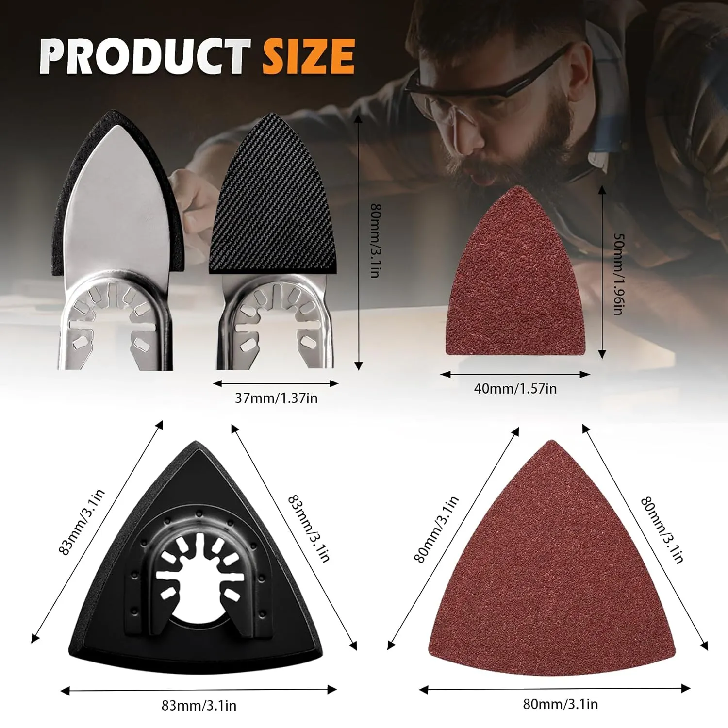 104Pcs Oscillating Tool Detail Sanding Pads Kit 2Pcs Triangle Sanding Pads and 2Pcs Finger Sanding Pad 100Pcs Multitool Sandpaper Grit Fit for Finishing Wood Sanding Plaster