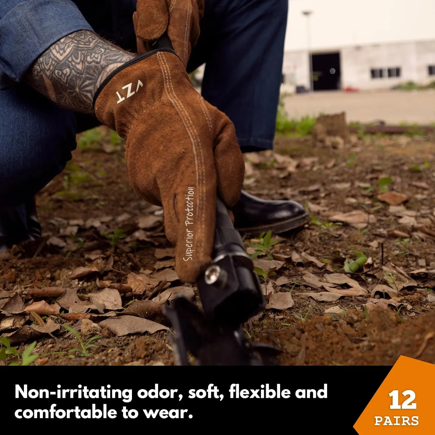 12 Pairs Bulk Leather Work Gloves for Men or Women for Construction, Wood cutting, Driving, Gardening, Automotive Repair