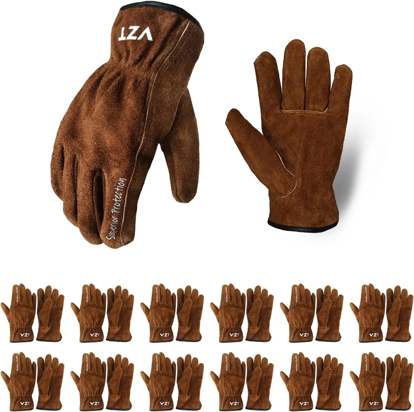 12 Pairs Bulk Leather Work Gloves for Men or Women for Construction, Wood cutting, Driving, Gardening, Automotive Repair