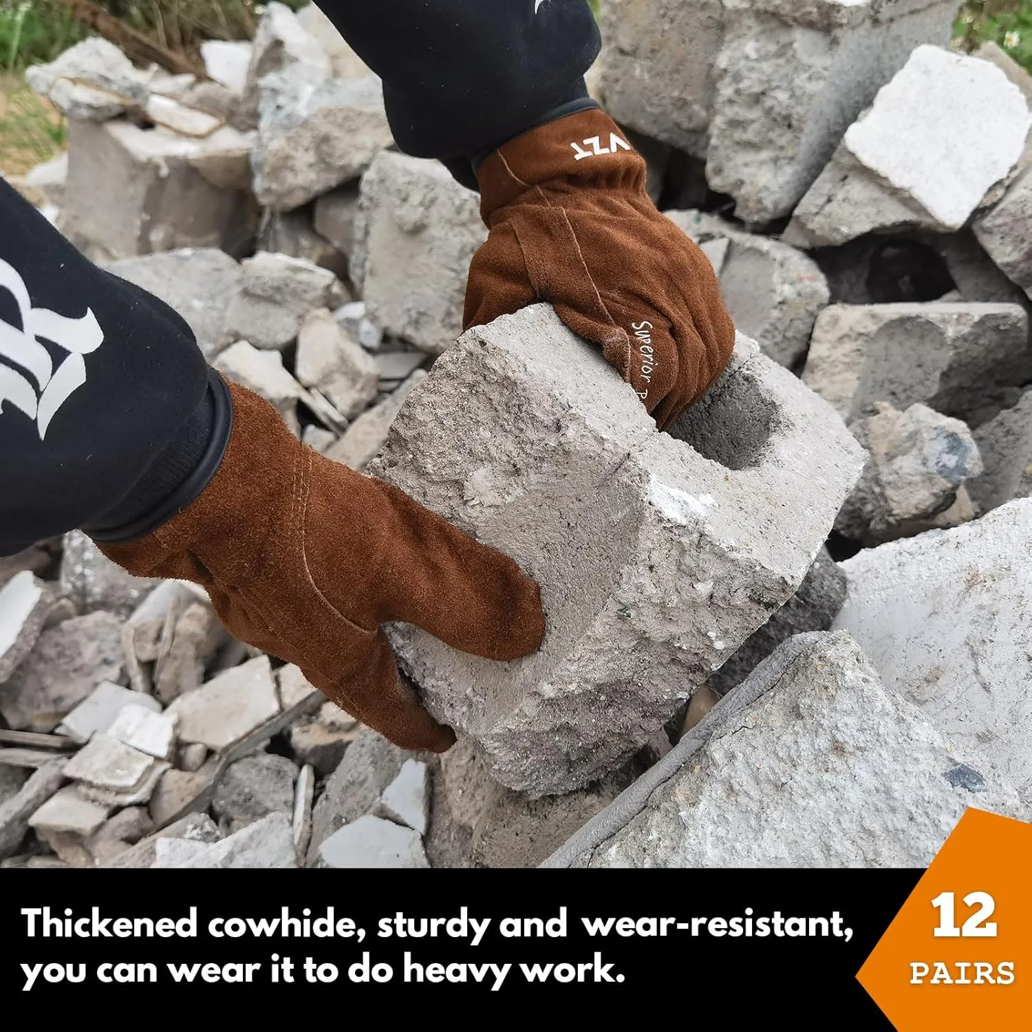 12 Pairs Bulk Leather Work Gloves for Men or Women for Construction, Wood cutting, Driving, Gardening, Automotive Repair