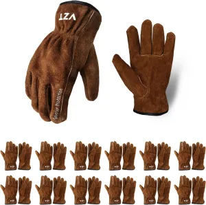 12 Pairs Bulk Leather Work Gloves for Men or Women for Construction, Wood cutting, Driving, Gardening, Automotive Repair