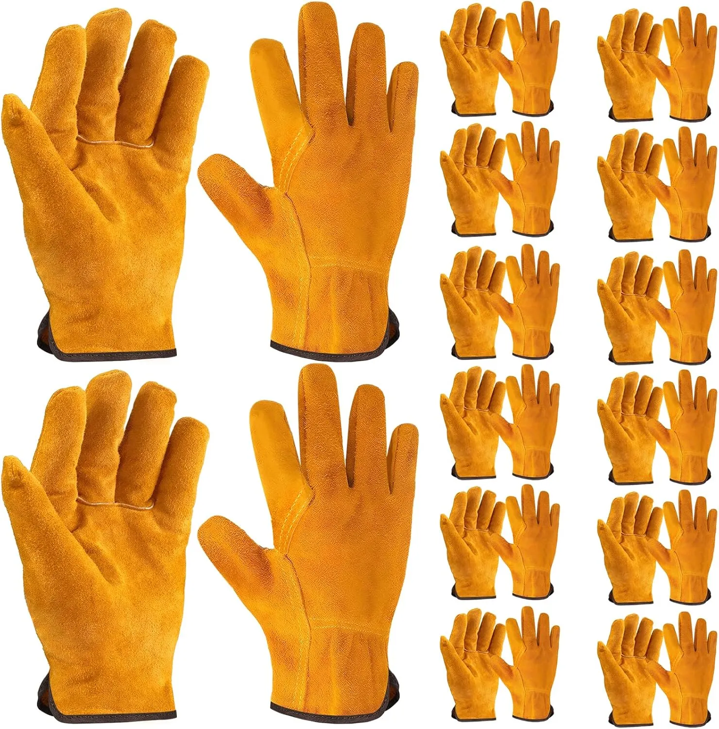 12 Pairs Leather Work Gloves for Gardening, Construction, and Flexible Grip Cowhide Thorn Proof Cut Resistant Gloves for Men and Women