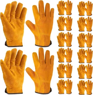 12 Pairs Leather Work Gloves for Gardening, Construction, and Flexible Grip Cowhide Thorn Proof Cut Resistant Gloves for Men and Women