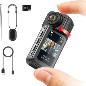 128GB FHD 1080P Mini Rotate Body Camera, Wearable Action Body Cam, Thumb Size Hands Free Recording Body Worn Camera, Portable Camcorder Mount Anywhere for Work, Travel, Sport (Black)