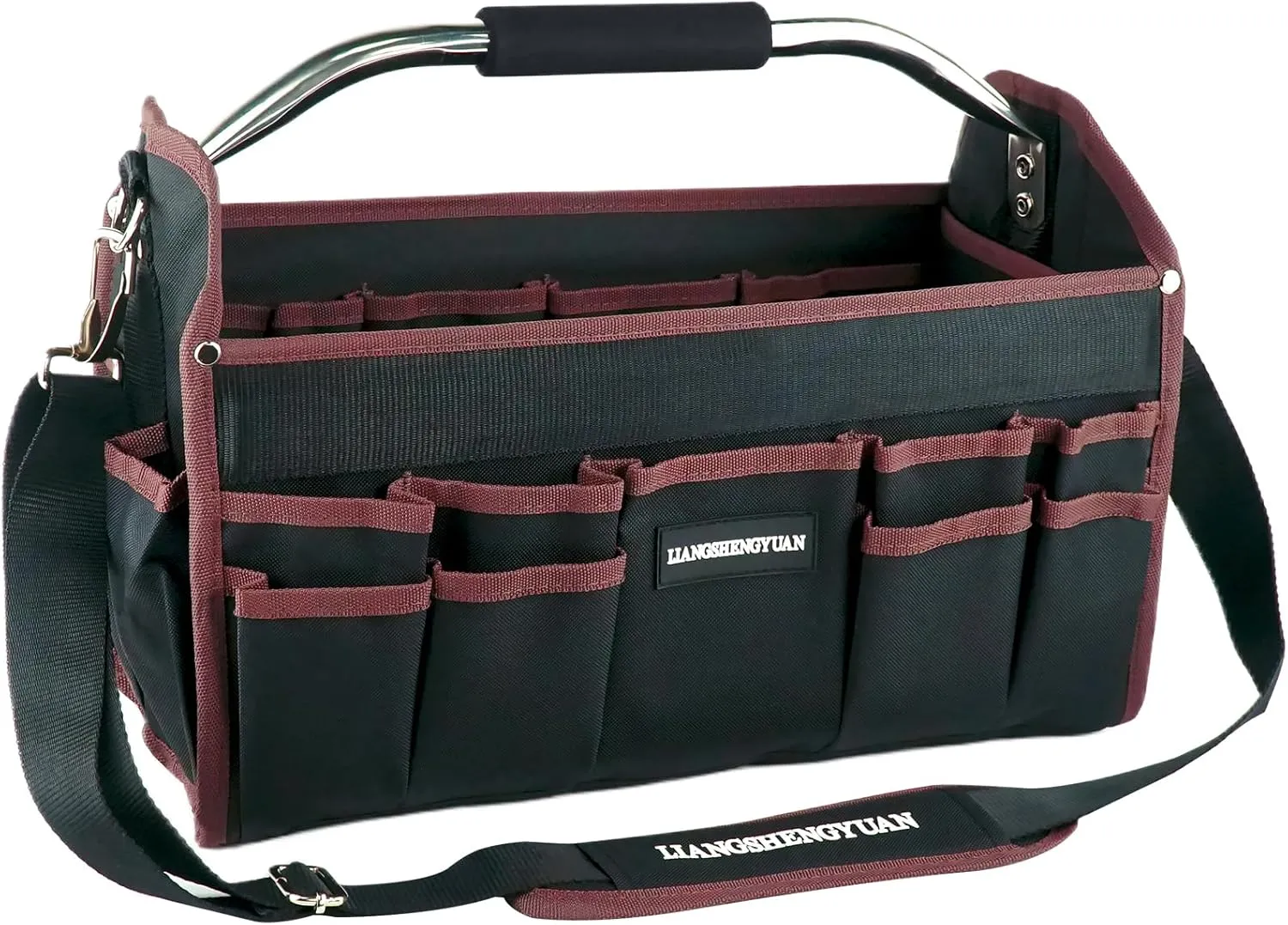 16 In Tool Carrier, Open Top Tool Tote 30 Pockets, Waterproof Tool Bag For Men, Foldable Wide Mouth Electricians Tool Bag, With Stainless Steel Handle and Removable Shoulder Strap