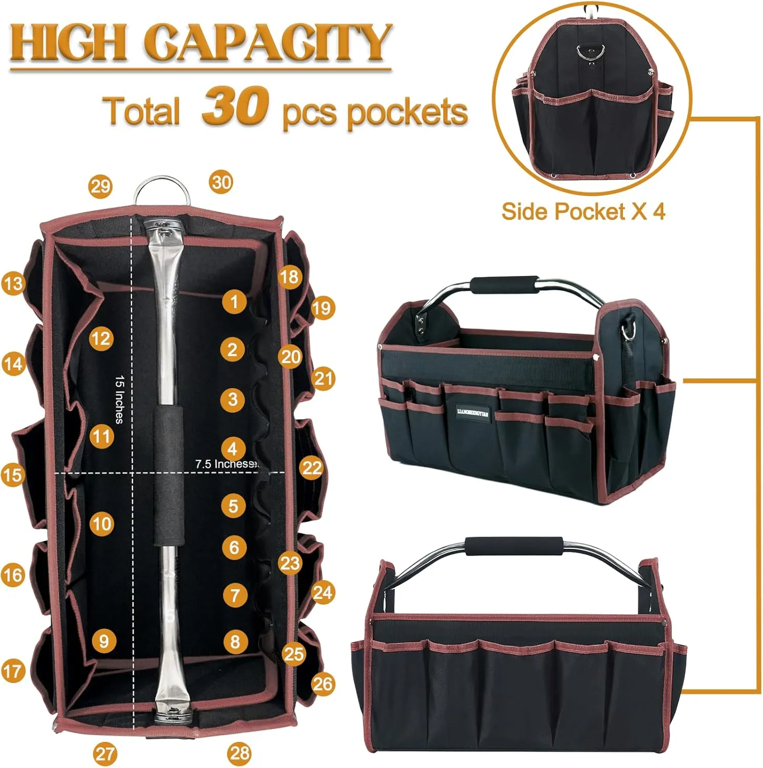 16 In Tool Carrier, Open Top Tool Tote 30 Pockets, Waterproof Tool Bag For Men, Foldable Wide Mouth Electricians Tool Bag, With Stainless Steel Handle and Removable Shoulder Strap