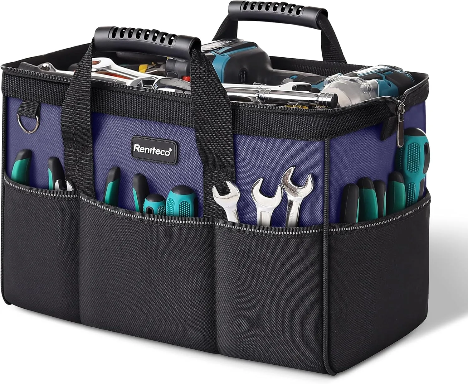 16 inch Tool Bags Heavy Duty Organizer Bag For Work Tools, Fabric Tool Tote, Multi-Pockets Wide Mouth Soft Bottom Blue