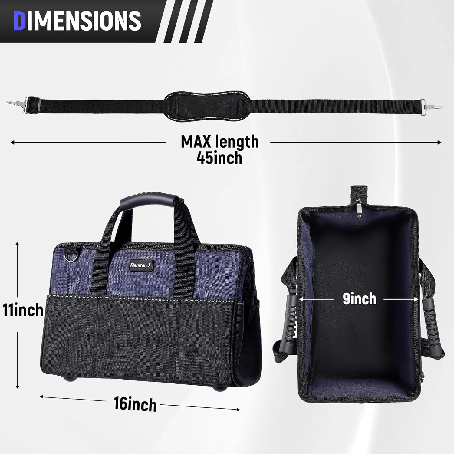 16 inch Tool Bags Heavy Duty Organizer Bag For Work Tools, Fabric Tool Tote, Multi-Pockets Wide Mouth Soft Bottom Blue