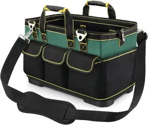 17 Inch Open Top Tool Tote Bag with Hard Bottom, Waterproof Electrician Tool Tote, Wide Mouth Tool Organizer with 15 Pockets, Heavy Duty Molded Base, Tool Bag for Men