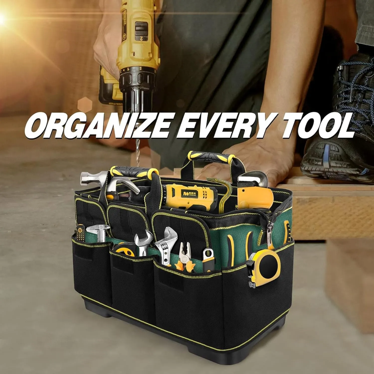 17 Inch Open Top Tool Tote Bag with Hard Bottom, Waterproof Electrician Tool Tote, Wide Mouth Tool Organizer with 15 Pockets, Heavy Duty Molded Base, Tool Bag for Men
