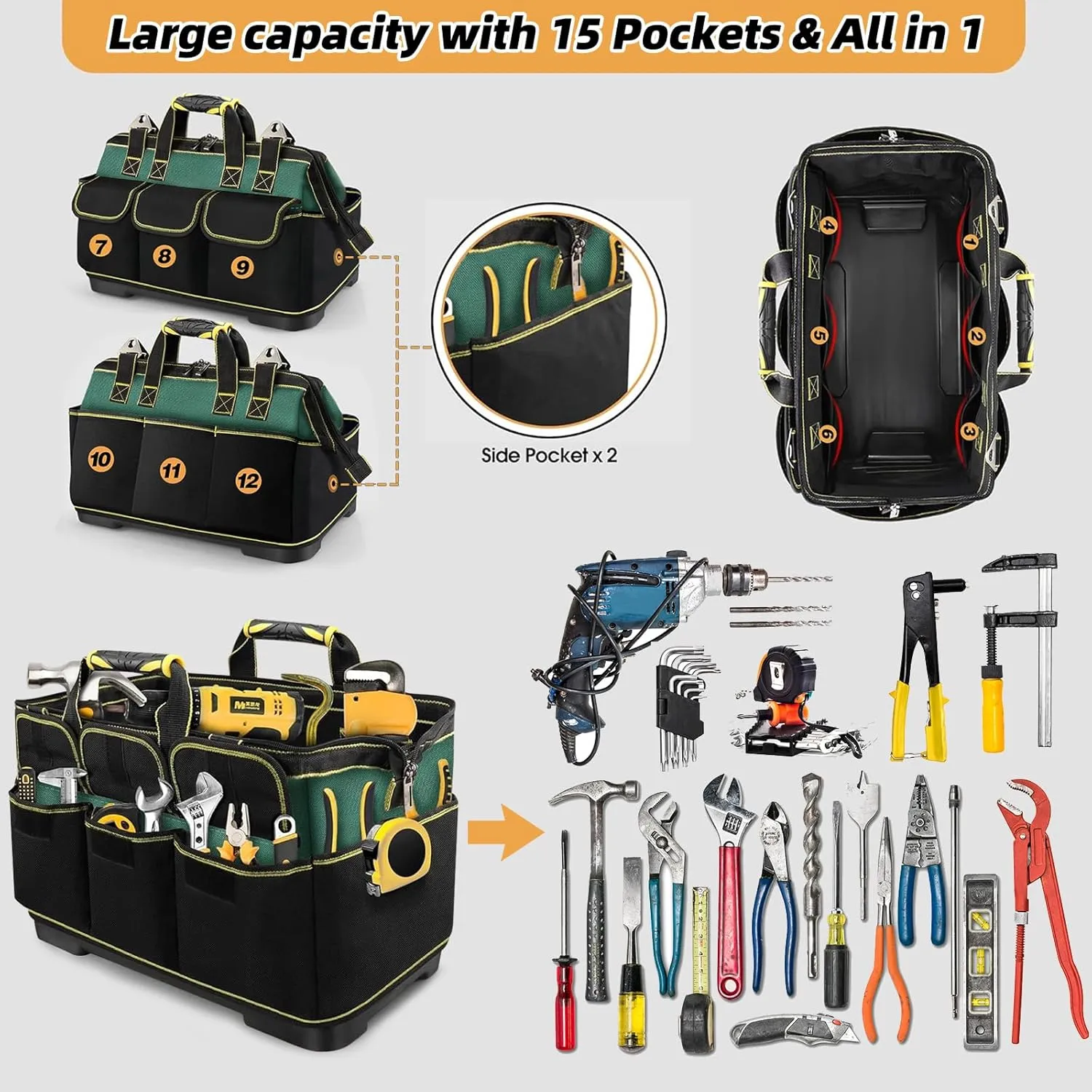17 Inch Open Top Tool Tote Bag with Hard Bottom, Waterproof Electrician Tool Tote, Wide Mouth Tool Organizer with 15 Pockets, Heavy Duty Molded Base, Tool Bag for Men