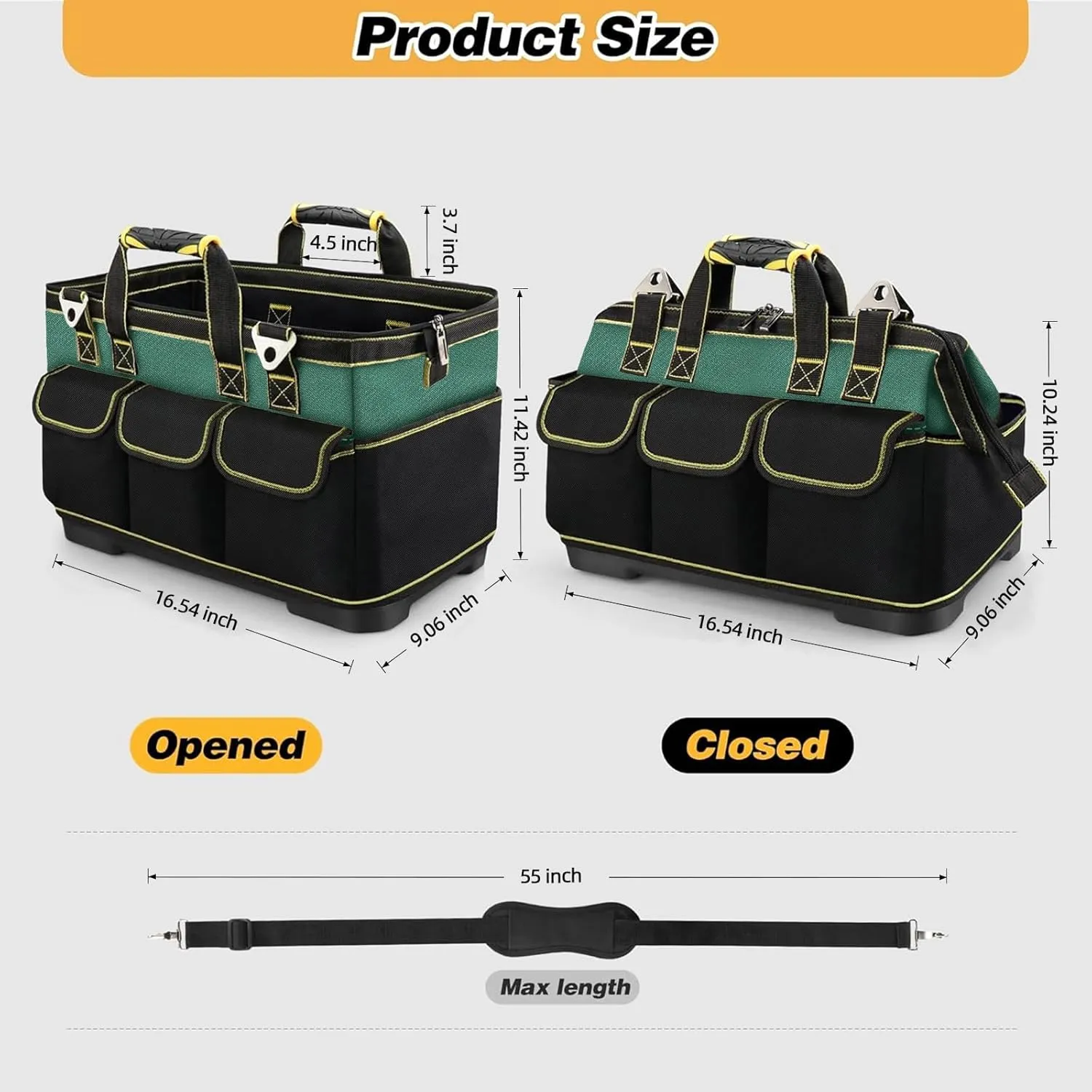 17 Inch Open Top Tool Tote Bag with Hard Bottom, Waterproof Electrician Tool Tote, Wide Mouth Tool Organizer with 15 Pockets, Heavy Duty Molded Base, Tool Bag for Men