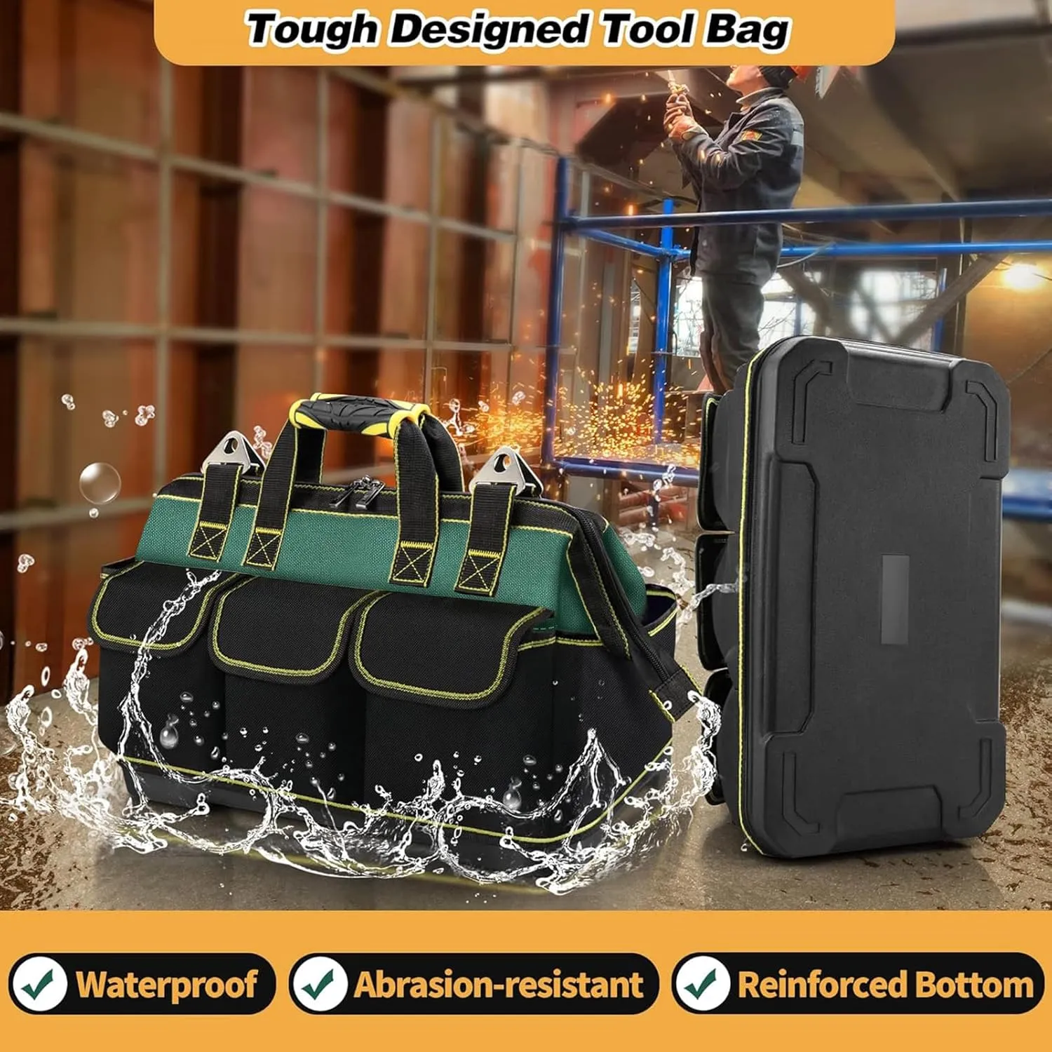 17 Inch Open Top Tool Tote Bag with Hard Bottom, Waterproof Electrician Tool Tote, Wide Mouth Tool Organizer with 15 Pockets, Heavy Duty Molded Base, Tool Bag for Men