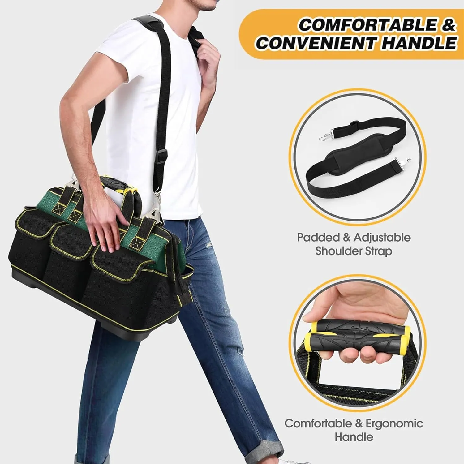17 Inch Open Top Tool Tote Bag with Hard Bottom, Waterproof Electrician Tool Tote, Wide Mouth Tool Organizer with 15 Pockets, Heavy Duty Molded Base, Tool Bag for Men