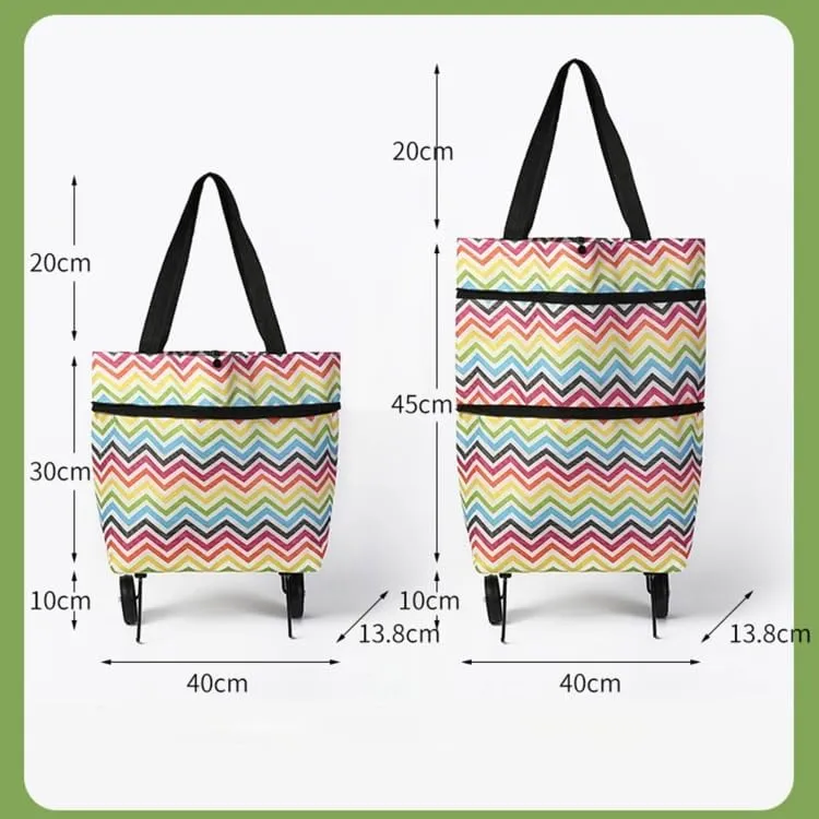 2-in-1 Foldable Oxford Cloth Shopping Bag with Wheels – Reusable Trolley Cart for Groceries, Travel, and Daily Use (Wavy Stripe, Large)