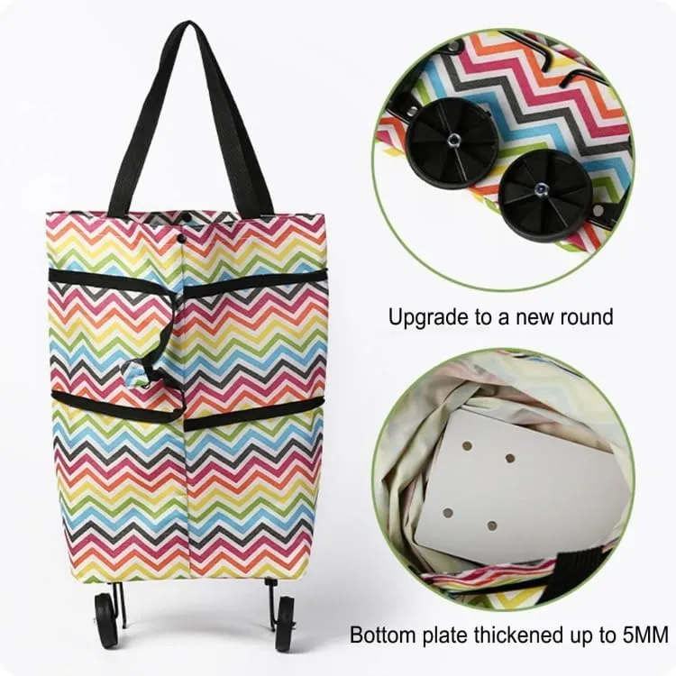2-in-1 Foldable Oxford Cloth Shopping Bag with Wheels – Reusable Trolley Cart for Groceries, Travel, and Daily Use (Wavy Stripe, Large)