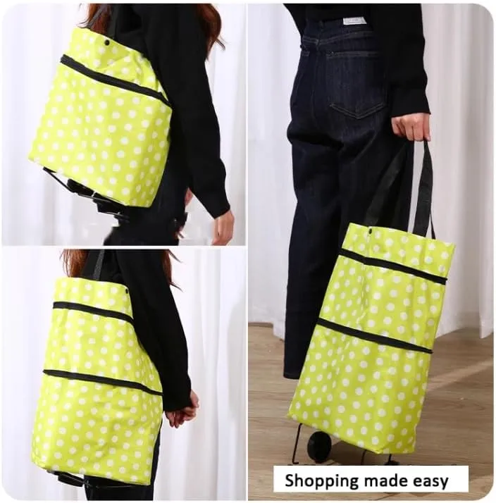 2-in-1 Foldable Oxford Cloth Shopping Bag with Wheels – Reusable Trolley Cart for Groceries, Travel, and Daily Use (Wavy Stripe, Large)