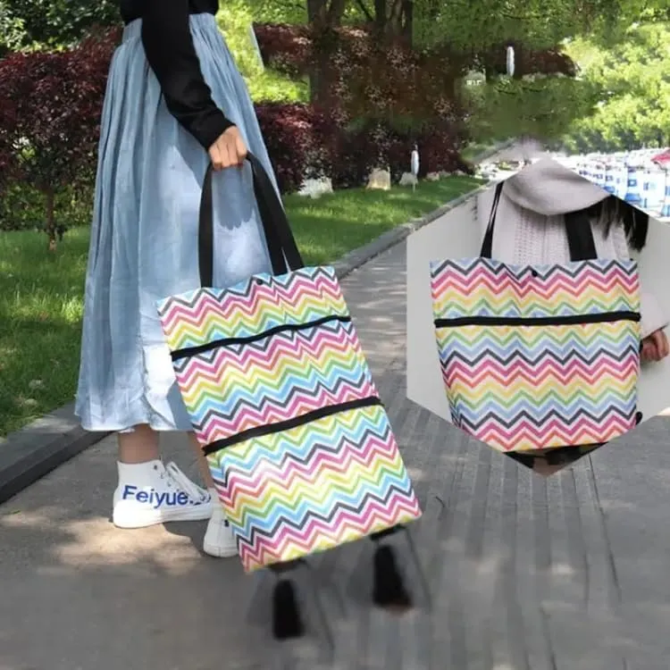 2-in-1 Foldable Oxford Cloth Shopping Bag with Wheels – Reusable Trolley Cart for Groceries, Travel, and Daily Use (Wavy Stripe, Large)