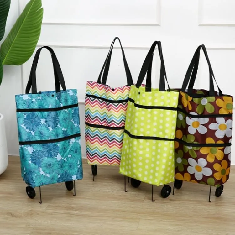 2-in-1 Foldable Oxford Cloth Shopping Bag with Wheels – Reusable Trolley Cart for Groceries, Travel, and Daily Use (Wavy Stripe, Large)