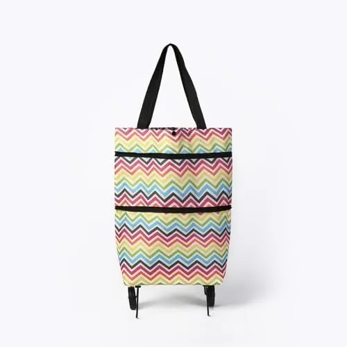2-in-1 Foldable Oxford Cloth Shopping Bag with Wheels – Reusable Trolley Cart for Groceries, Travel, and Daily Use (Wavy Stripe, Large)