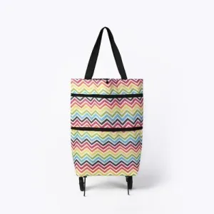 2-in-1 Foldable Oxford Cloth Shopping Bag with Wheels – Reusable Trolley Cart for Groceries, Travel, and Daily Use (Wavy Stripe, Large)