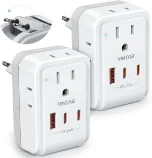 2 Pack European Travel Plug Adapter, VINTAR PD 20W Foldable Adapter for Europe Plug with 4 AC Outlets 3 USB Ports(2 USB C), Type C Adapter for US to Most of Europe EU Spain France Italy