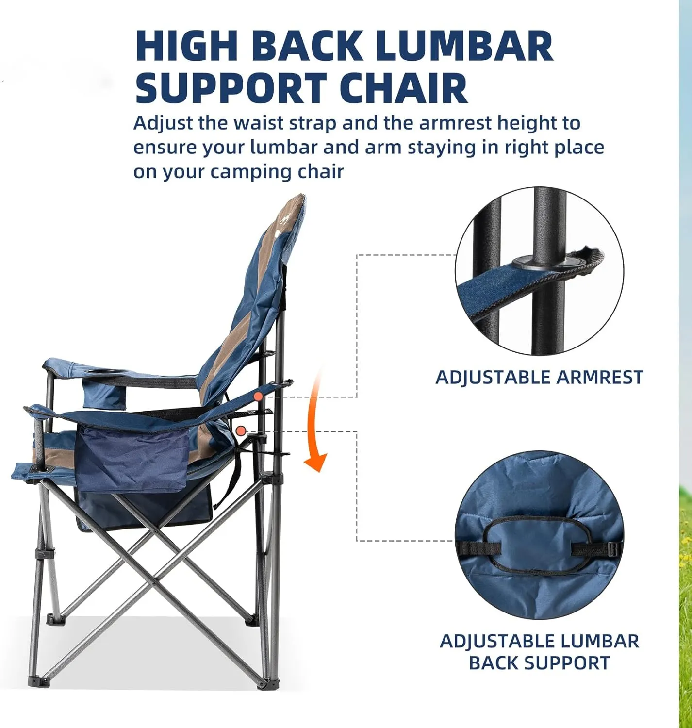 2 Pack Folding Camping Chairs for Adults - High Back Padded Portable Outdoor Lawn Chairs 400lbs Capacity, Adjustable Armrests - Lightweight Camp Chairs Set (Blue & Brown)