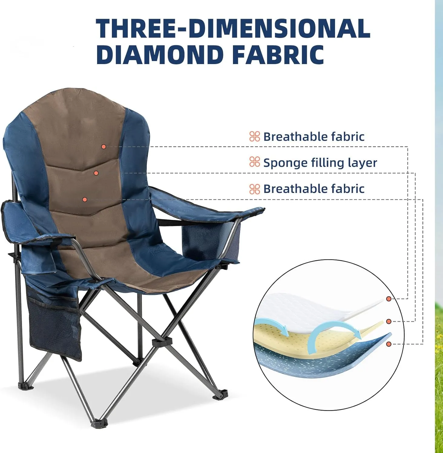 2 Pack Folding Camping Chairs for Adults - High Back Padded Portable Outdoor Lawn Chairs 400lbs Capacity, Adjustable Armrests - Lightweight Camp Chairs Set (Blue & Brown)