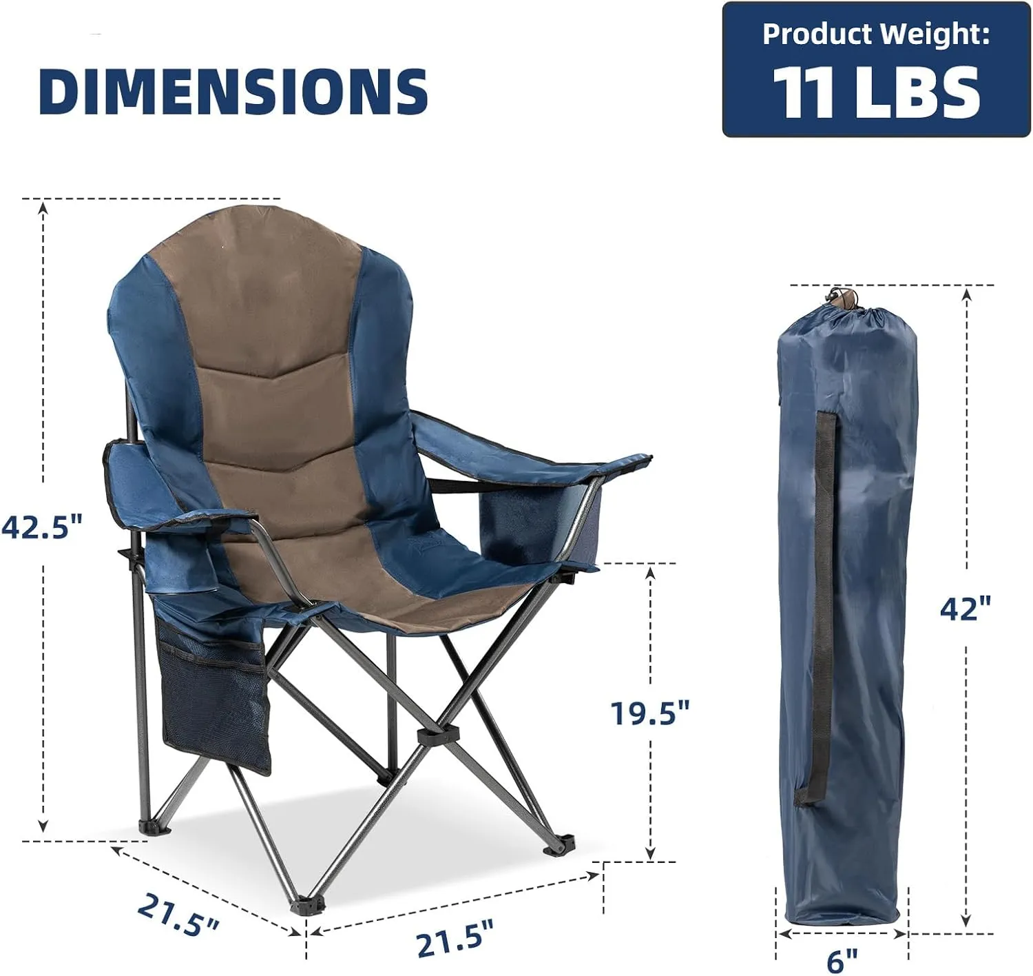 2 Pack Folding Camping Chairs for Adults - High Back Padded Portable Outdoor Lawn Chairs 400lbs Capacity, Adjustable Armrests - Lightweight Camp Chairs Set (Blue & Brown)