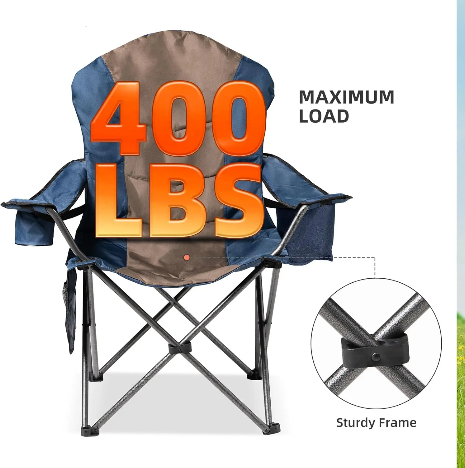 2 Pack Folding Camping Chairs for Adults - High Back Padded Portable Outdoor Lawn Chairs 400lbs Capacity, Adjustable Armrests - Lightweight Camp Chairs Set (Blue & Brown)