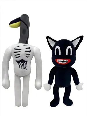 2 PCS Siren Head Plush Toy Cartoon Black Cat Stuffed Soft Animal Cat Kids' Birthday Halloween Thanksgiving Christmas Toys Plush Toys(White)