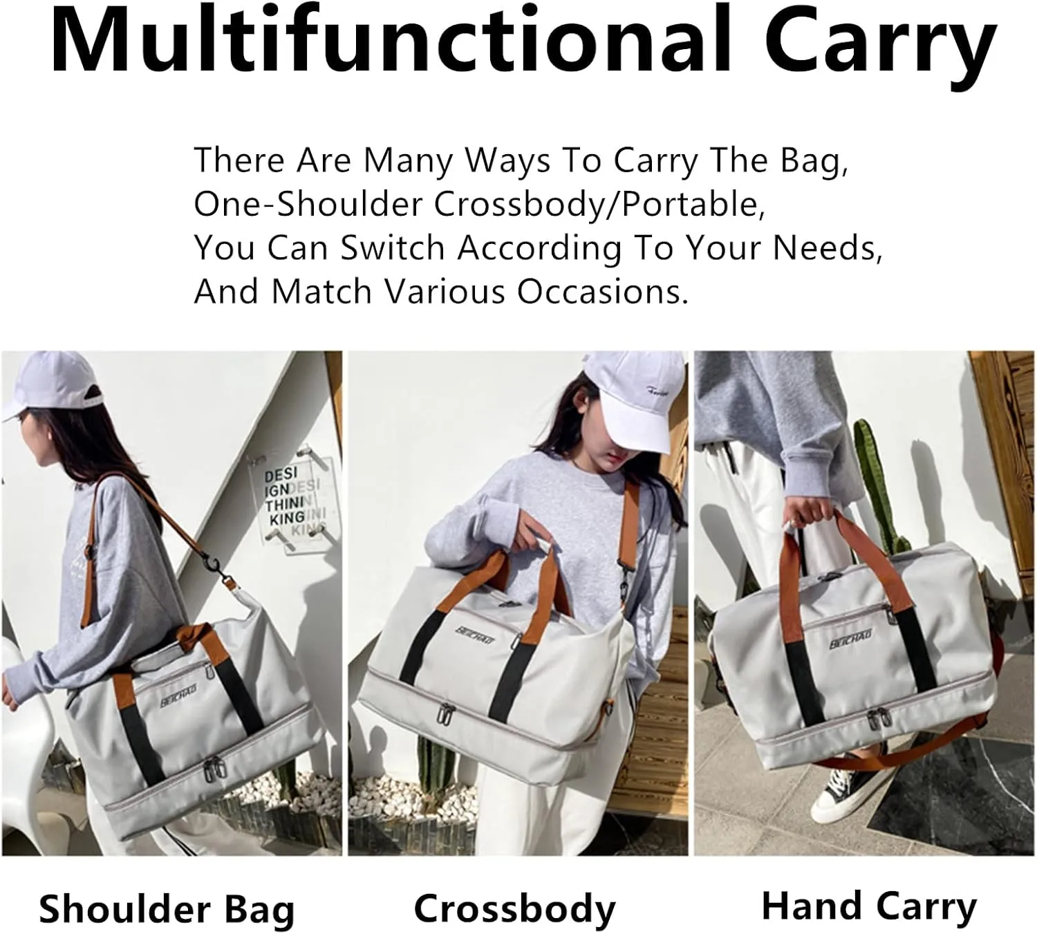 2023 New Dry/Wet Separation Travel Bag with Shoe Compartment, Travel Duffle Bag with Attachable Shoulder Strap, Women's Sports Gym Tote, Large Capacity & Lightweight & Waterproof (Gray-A)