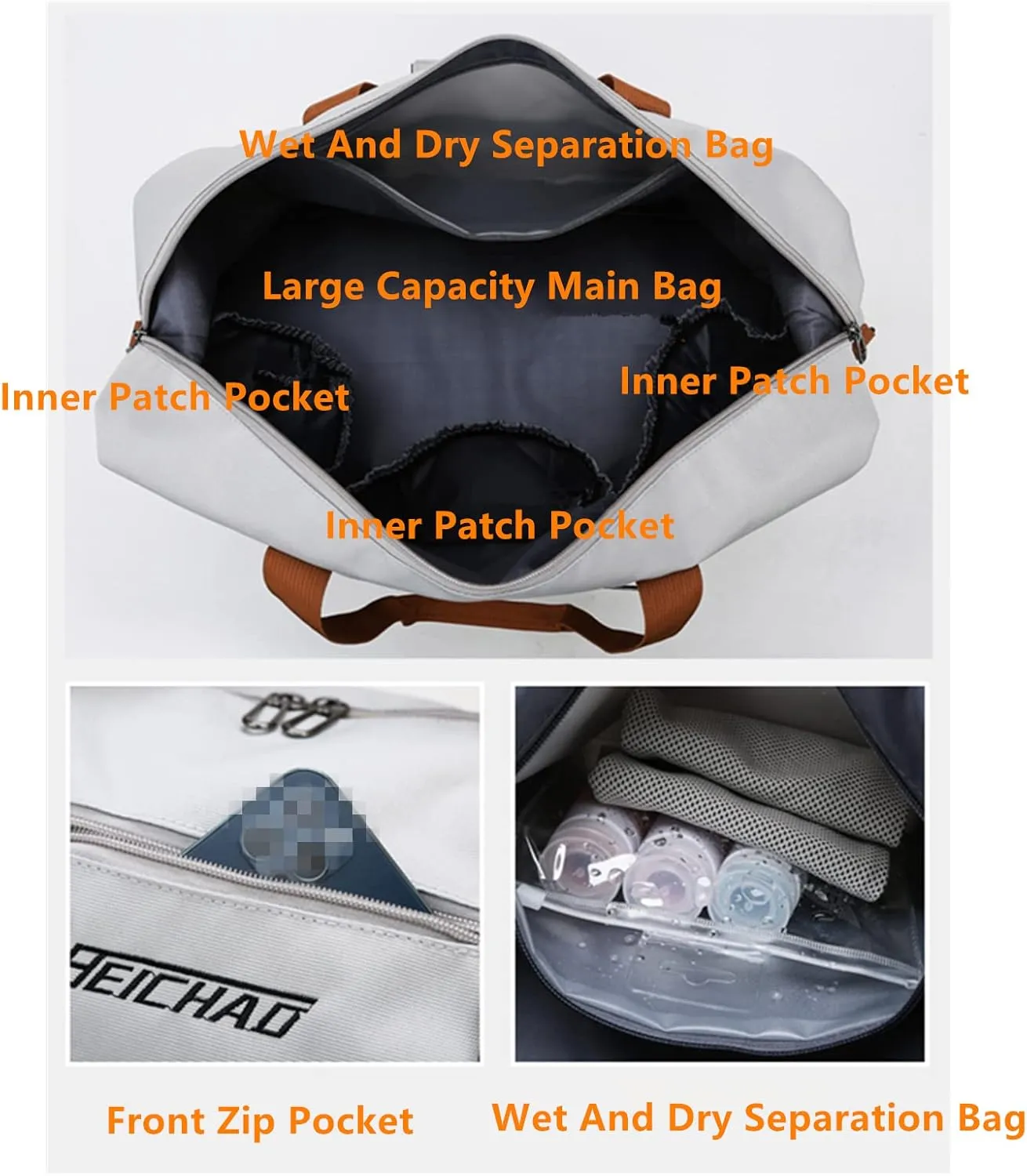 2023 New Dry/Wet Separation Travel Bag with Shoe Compartment, Travel Duffle Bag with Attachable Shoulder Strap, Women's Sports Gym Tote, Large Capacity & Lightweight & Waterproof (Gray-A)