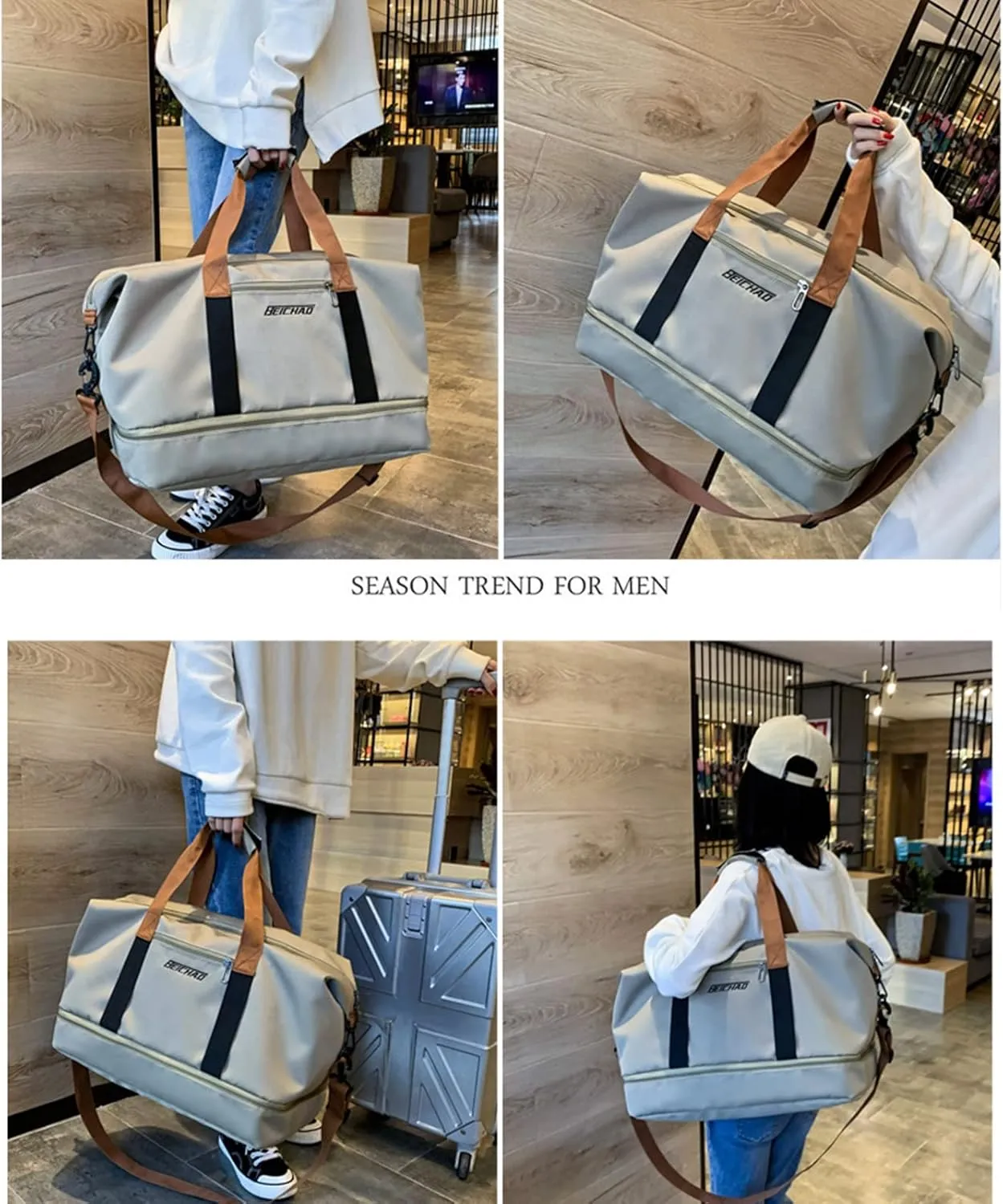 2023 New Dry/Wet Separation Travel Bag with Shoe Compartment, Travel Duffle Bag with Attachable Shoulder Strap, Women's Sports Gym Tote, Large Capacity & Lightweight & Waterproof (Gray-A)