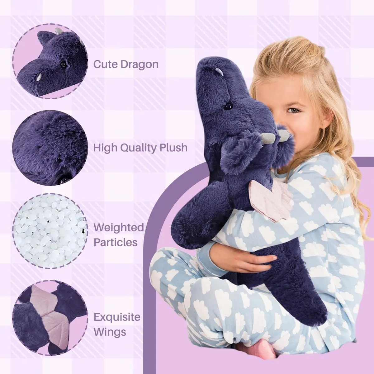 2.2Pounds Dragon Stuffed Animal 20.5" Weighted Stuffed Animals Soft Dragon Plush Giant Purple Dragon Plush Toy Weighted Stuffy Plushies Sleeping Pillow for Kids Baby Birthday Gifts