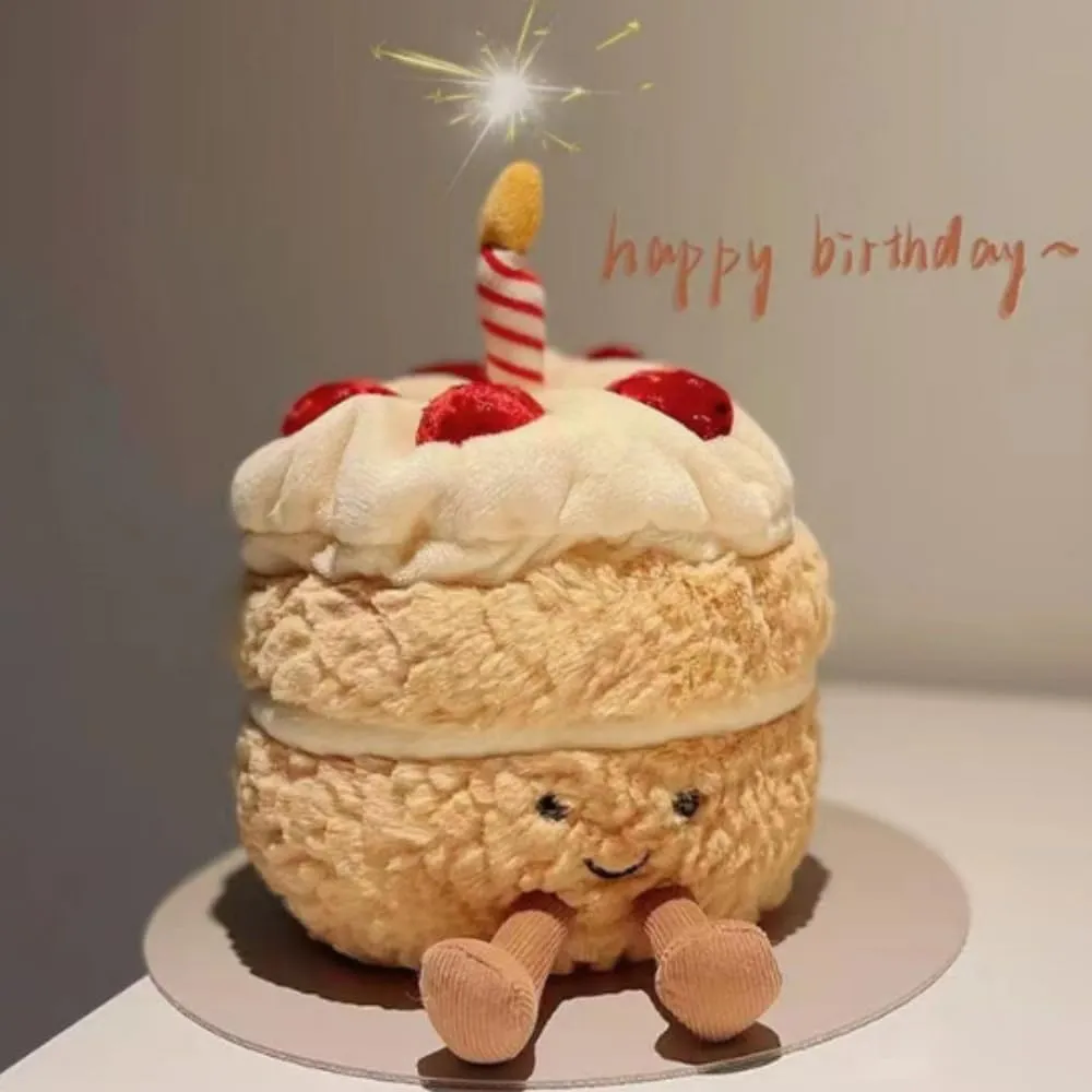 28cm/11 Birthday Cake Plush Toy ，Cute Smile Cake Pillow Stuffed Animals Funny Soft Food Plushies Toy for Gifts for Kids Birthday (Khaki Color)