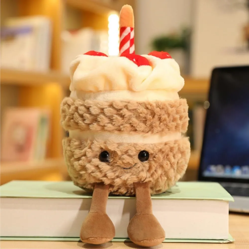 28cm/11 Birthday Cake Plush Toy ，Cute Smile Cake Pillow Stuffed Animals Funny Soft Food Plushies Toy for Gifts for Kids Birthday (Khaki Color)