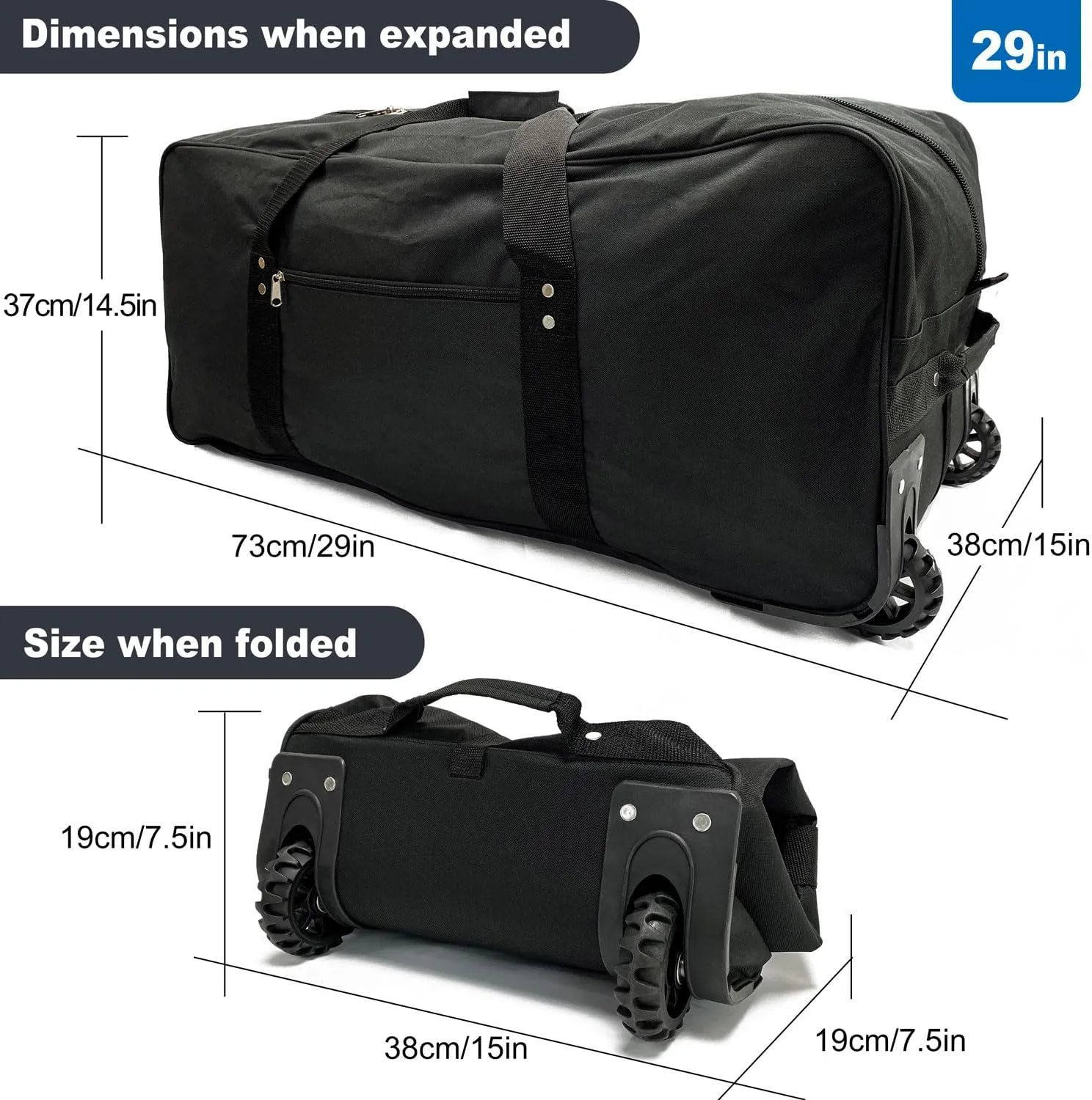 29-Inch Foldable duffle bag with Wheels - Extra Large Rolling Duffel Bag with Wheels, Foldable Heavy-Duty Cargo Duffel for Travel, Camping & Moving, Water-Resistant 600D Oxford, Black