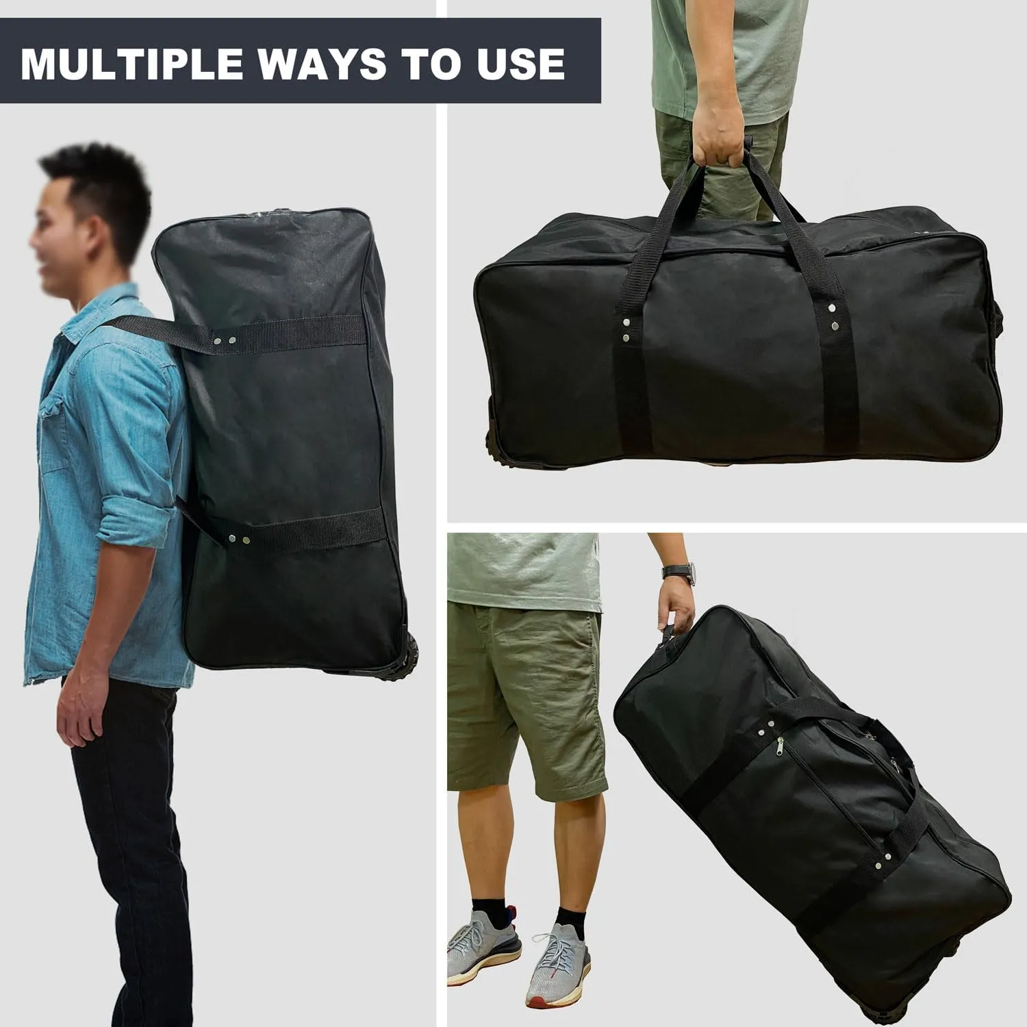 29-Inch Foldable duffle bag with Wheels - Extra Large Rolling Duffel Bag with Wheels, Foldable Heavy-Duty Cargo Duffel for Travel, Camping & Moving, Water-Resistant 600D Oxford, Black