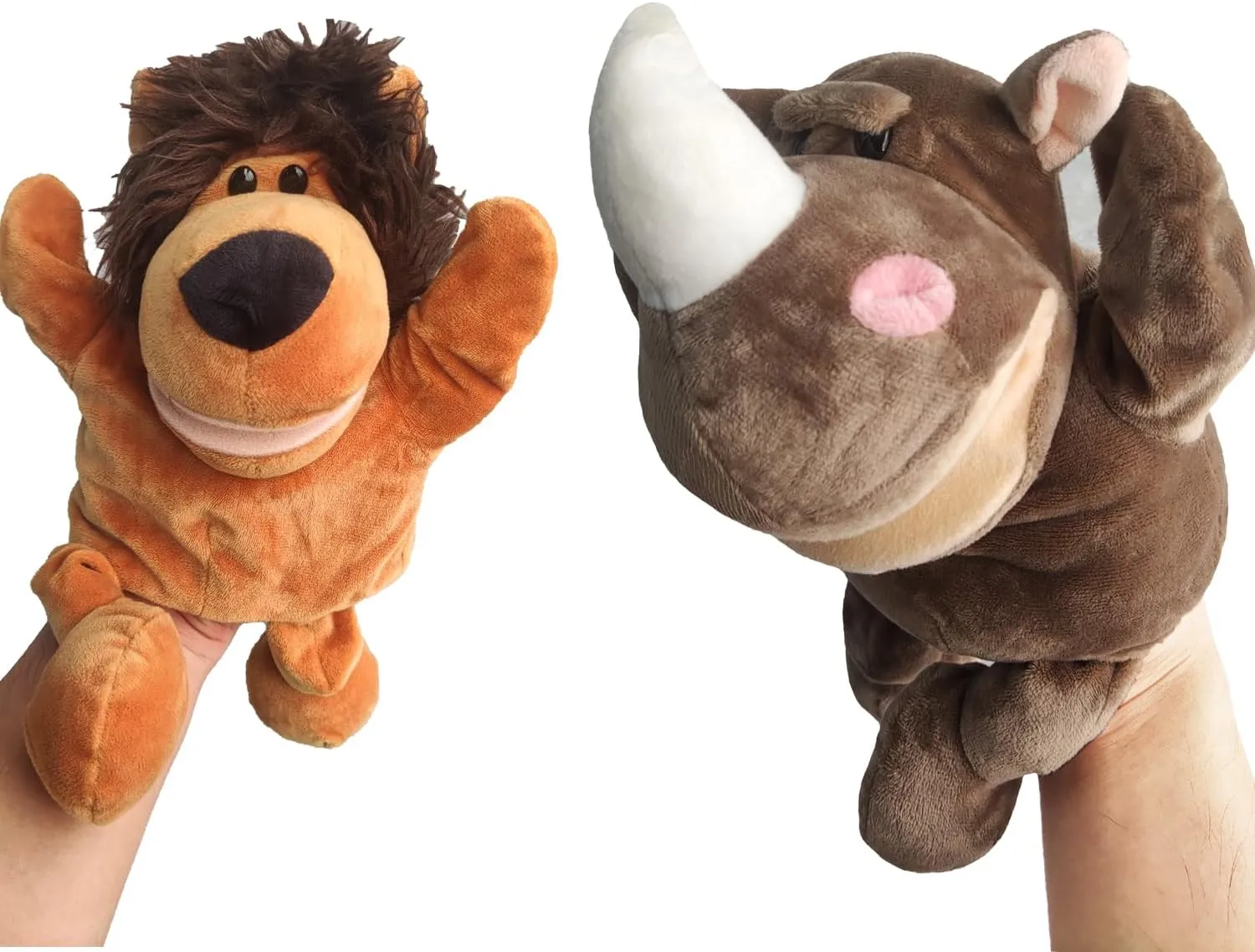 2PC Hand Puppet Realistic Plush Animal Hand Puppet Children's Animal Glove Toy Little Finger Mini puppetshark Toys (Rhino Lion)
