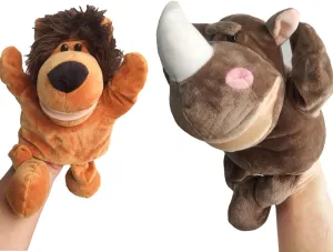 2PC Hand Puppet Realistic Plush Animal Hand Puppet Children's Animal Glove Toy Little Finger Mini puppetshark Toys (Rhino Lion)