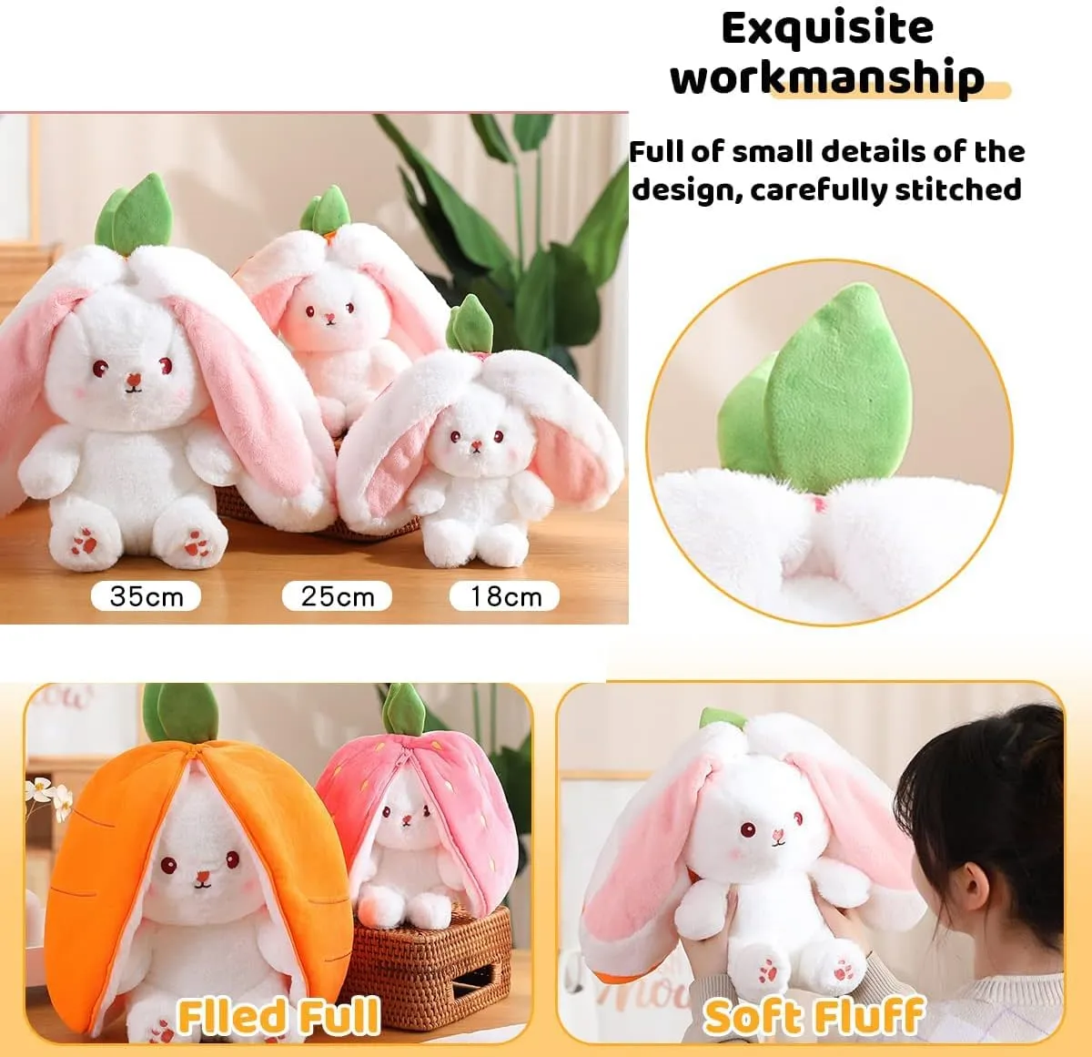 2PCS Plush Toy Pillow, Reversible Carrot Strawberry Bunny Plush with Zipper, Easter Bunny Stuffed Animal Cute Rabbit Plushie Birthday Gift for Boys Girls Kids (2pcs 7" Strawberry&Carrot)