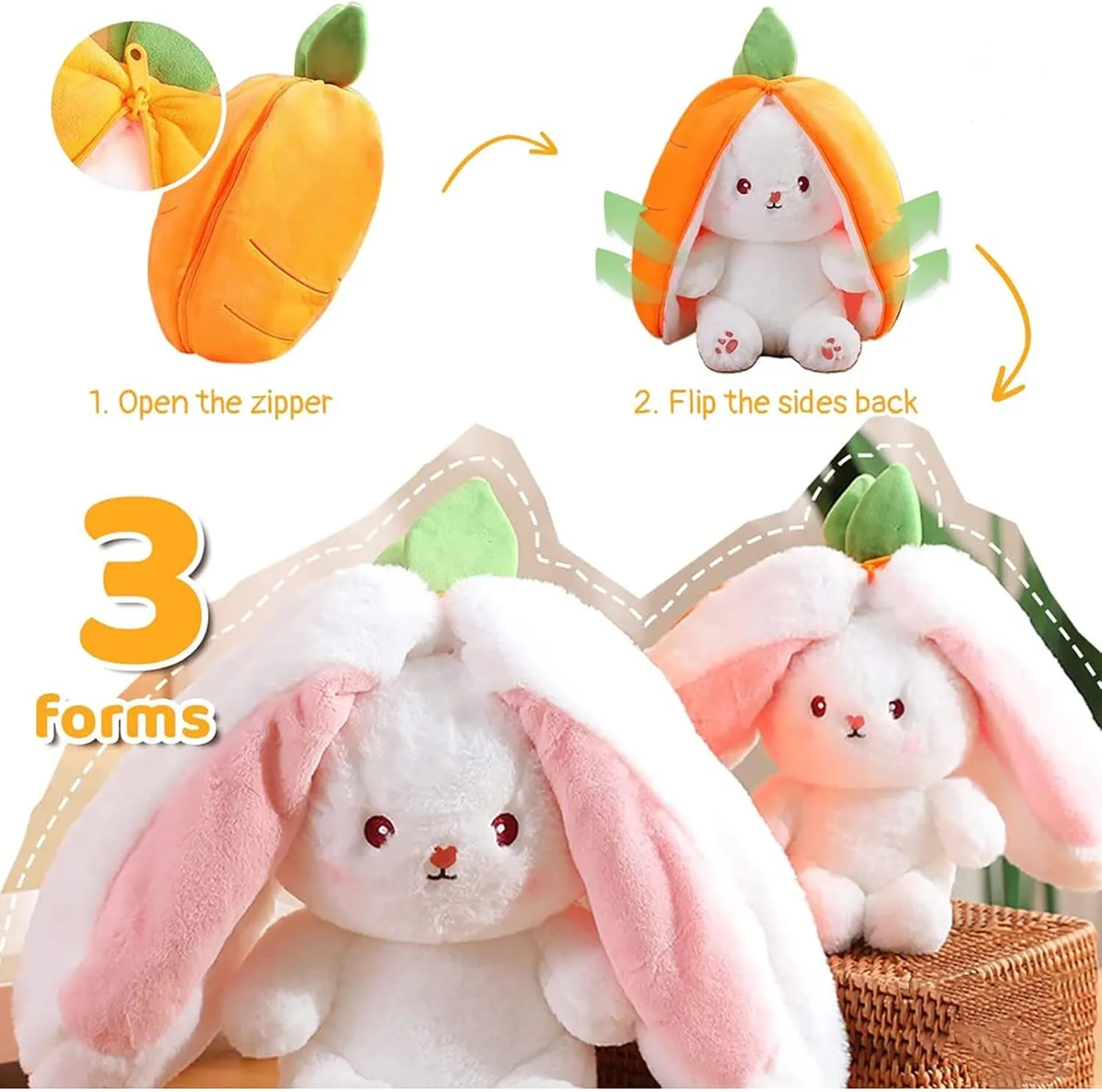 2PCS Plush Toy Pillow, Reversible Carrot Strawberry Bunny Plush with Zipper, Easter Bunny Stuffed Animal Cute Rabbit Plushie Birthday Gift for Boys Girls Kids (2pcs 7" Strawberry&Carrot)