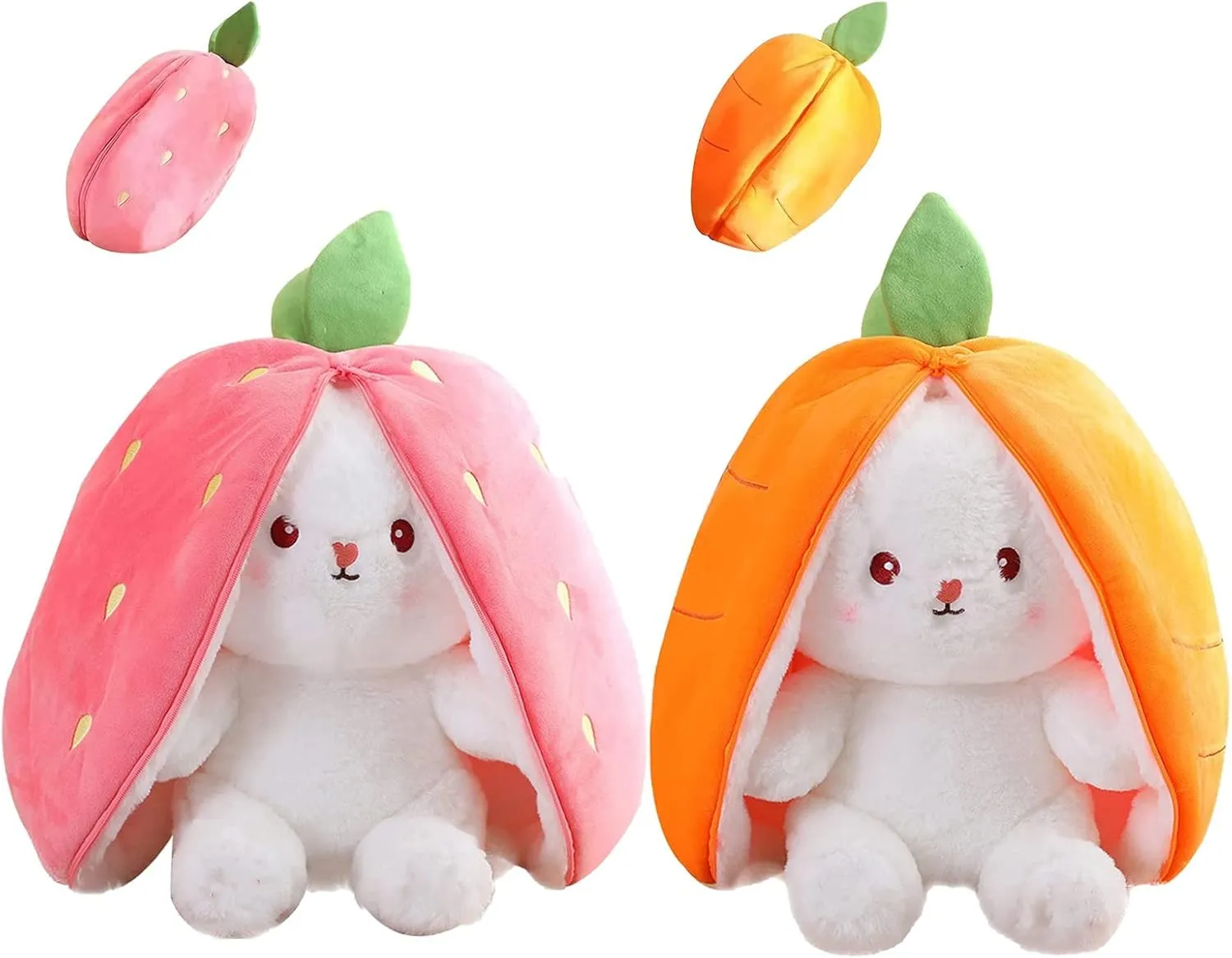 2PCS Plush Toy Pillow, Reversible Carrot Strawberry Bunny Plush with Zipper, Easter Bunny Stuffed Animal Cute Rabbit Plushie Birthday Gift for Boys Girls Kids (2pcs 7" Strawberry&Carrot)