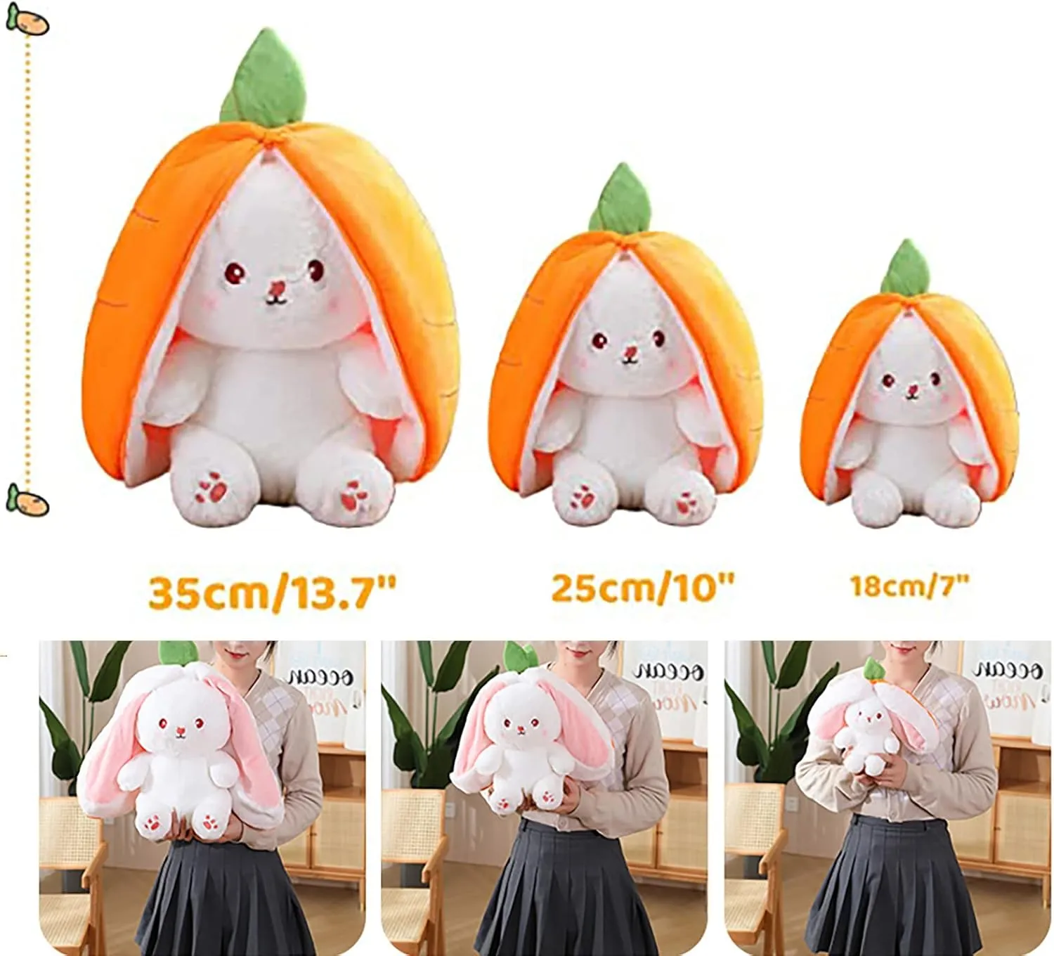 2PCS Plush Toy Pillow, Reversible Carrot Strawberry Bunny Plush with Zipper, Easter Bunny Stuffed Animal Cute Rabbit Plushie Birthday Gift for Boys Girls Kids (2pcs 7" Strawberry&Carrot)