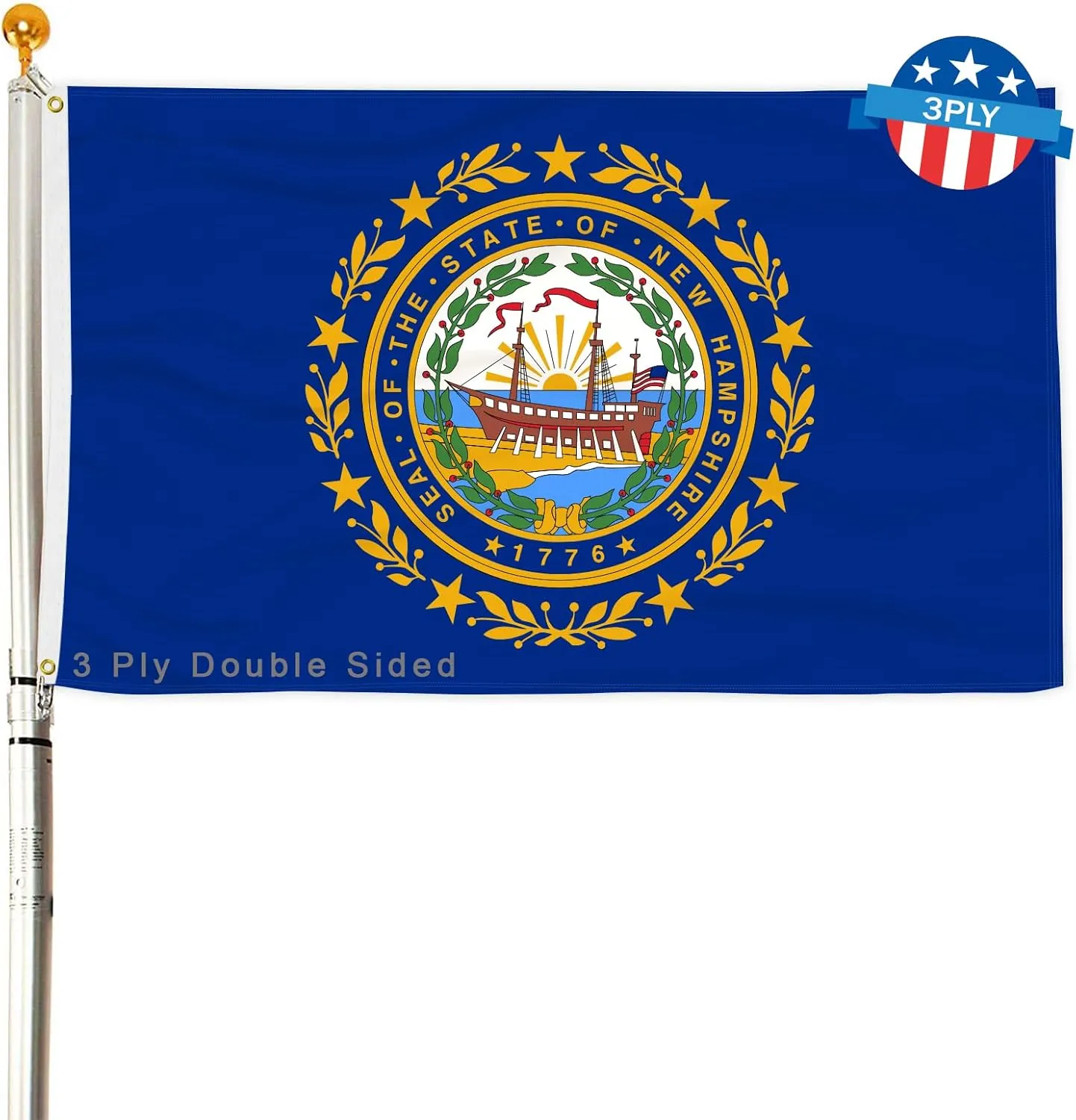3 Ply New Hampshire State Flag 2x3 Ft 150D Polyester Double Sided Outdoor Heavy Duty Vivid Colors with Durable Canvas Header and 2 Brass Grommets