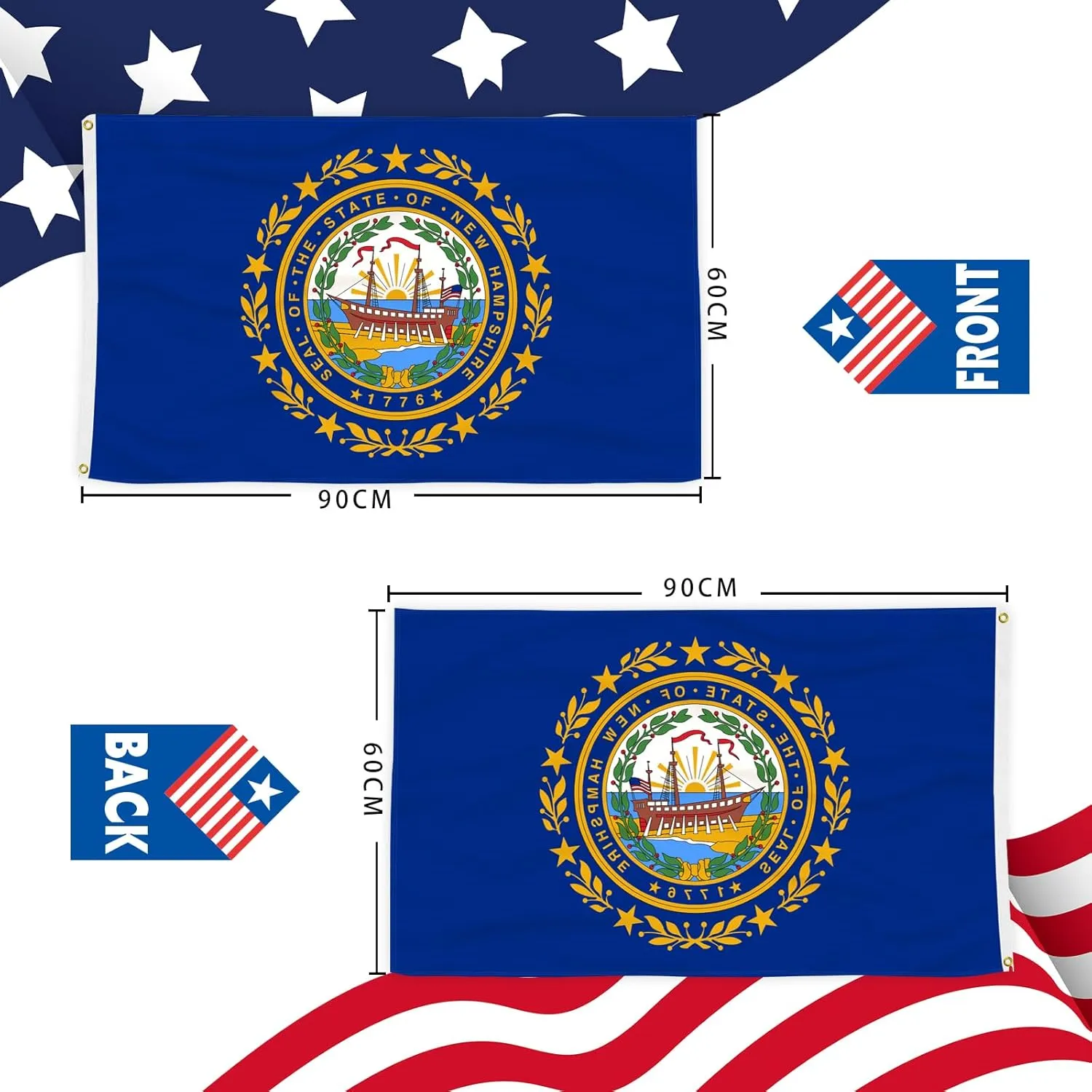 3 Ply New Hampshire State Flag 2x3 Ft 150D Polyester Double Sided Outdoor Heavy Duty Vivid Colors with Durable Canvas Header and 2 Brass Grommets